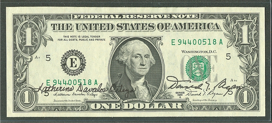 Fr.1912-E, 1981A $1 FRN, Double Autograph: Ortega & Regan